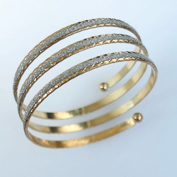 Vintage Spiral Gold Tone Bangle Glitters Three Layers 8” - Picture 1 of 8